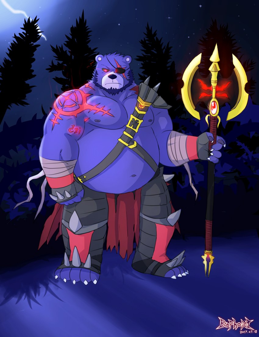 anthro belly big_belly blue_body bottomwear clothing detailed_background eye_patch eyewear humanoid_hands kemono loincloth male moobs night nipples outside overweight overweight_male plant scar solo tree weapon mtflying30371 bear mammal 2017 hi_res