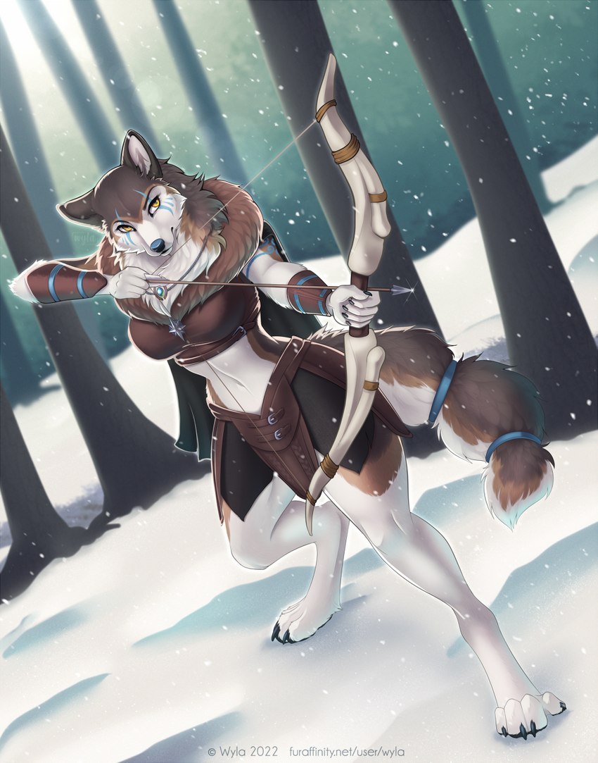 4_toes 5_fingers anthro arrow_(weapon) biped black_claws bow_(weapon) brown_body brown_clothing brown_fur claws clothed clothed_anthro clothed_female clothing digitigrade feet female female_anthro finger_claws fingers fur holding_bow_(weapon) holding_object holding_ranged_weapon holding_weapon melee_weapon multicolored_body multicolored_fur outside plant ranged_weapon snow snowing solo standing text toe_claws toes tree two_tone_body two_tone_fur weapon white_body white_fur yellow_eyes wyla armello league_of_geeks river_(armello) canid canine canis mammal wolf 2022 artist_name digital_media_(artwork) full-length_portrait hi_res portrait url