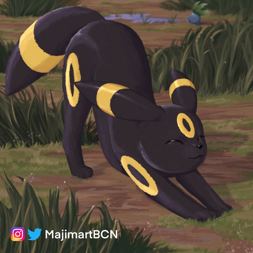 ambiguous_gender ass_up black_body black_fur blue_body detailed_background duo eyes_closed feral fur grass happy leaf leaf_hair markings plant plant_hair pseudo_hair puddle red_eyes smile solo_focus stretching tall_grass text yellow_markings majimartbcn nintendo pokemon eeveelution generation_1_pokemon generation_2_pokemon oddish pokemon_(species) umbreon 1:1 2022 artist_name colored digital_media_(artwork) digital_painting_(artwork) hi_res painting_(artwork) shaded watermark