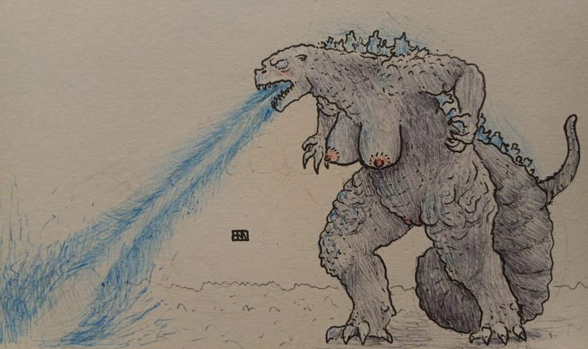 anthro atomic_breath breasts breath_powers crossgender female genitals glowing glowing_eyes nude pussy simple_background solo benzoit godzilla_(series) toho godzilla kaiju scalie hi_res traditional_media_(artwork)