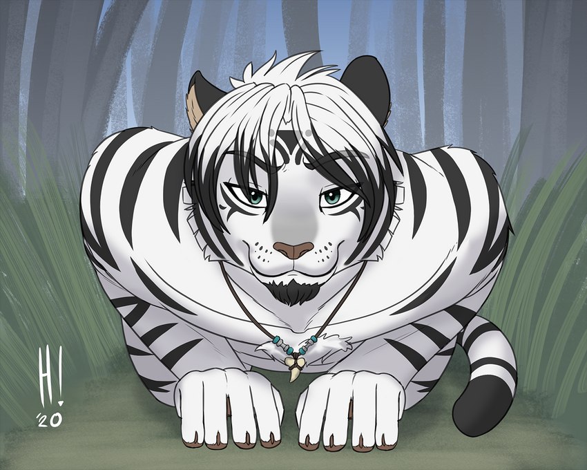 anthro casual_nudity crouching forest fur looking_at_viewer male muscular nude outside plant solo stripes tree white_body white_fur heresy_(artist) harry_campbell felid mammal pantherine tiger 5:4 digital_media_(artwork)