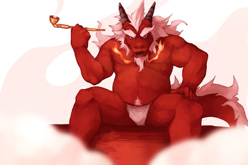 5_fingers anthro asian_clothing barazoku beard belly_hair biceps body_hair breath_powers clothed clothing east_asian_clothing elemental_manipulation eyebrows facial_hair fingers fire fire_breathing fire_manipulation fundoshi hair horn japanese_clothing kemono long_hair looking_at_viewer male mature_anthro mature_male muscular muscular_anthro muscular_male navel pipe red_body simple_background smoke smoking smoking_pipe solo stomach_hair tail topless underwear white_background white_hair lowerkuo asian_mythology east_asian_mythology mythology dragon eastern_dragon mythological_creature mythological_scalie scalie