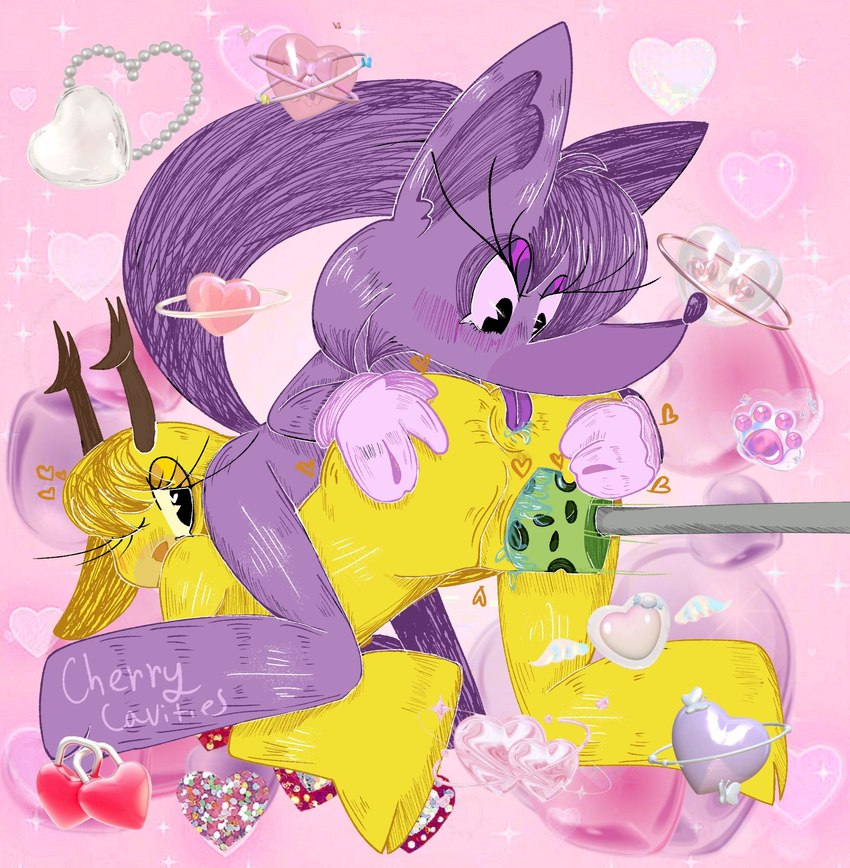 anthro butt cherrycavaties duo feet female female/female fur licking pie_cut_eyes purple_body purple_fur tongue tongue_out toony yellow_body yellow_fur cherrycavities kinktober toontown_corporate_clash toontown_online doe_vinci rain_(ttcc) canid canine deer fox mammal hi_res