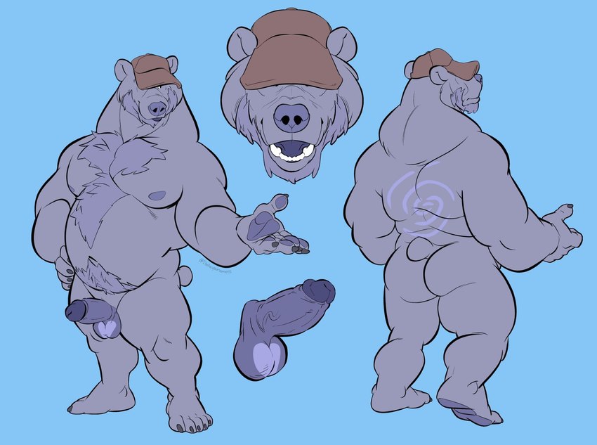 anthro beard belly body_hair butt chest_hair clothing facial_hair front_and_back genitals hat hat_over_eyes headgear headwear male musclegut muscular nipples pecs penis purple_body solo two_tone_balls igiveyoulemons timber_(timbearr) bear mammal hi_res model_sheet