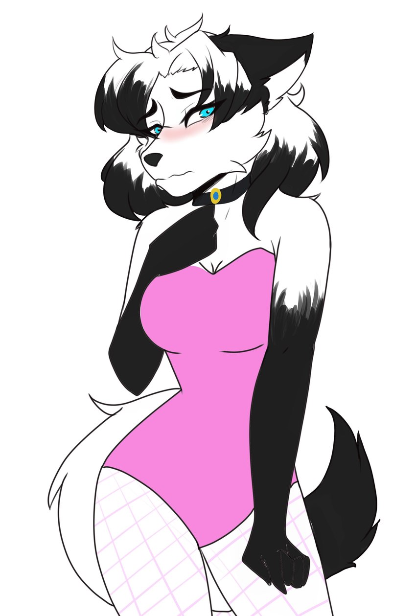 anthro blush breasts clothing collar embarrassed female fishnet_clothing fur pink_outfit solo white_body white_fur moname suki_arcticsnowfex arctic_fox canid canine fox mammal true_fox absurd_res hi_res