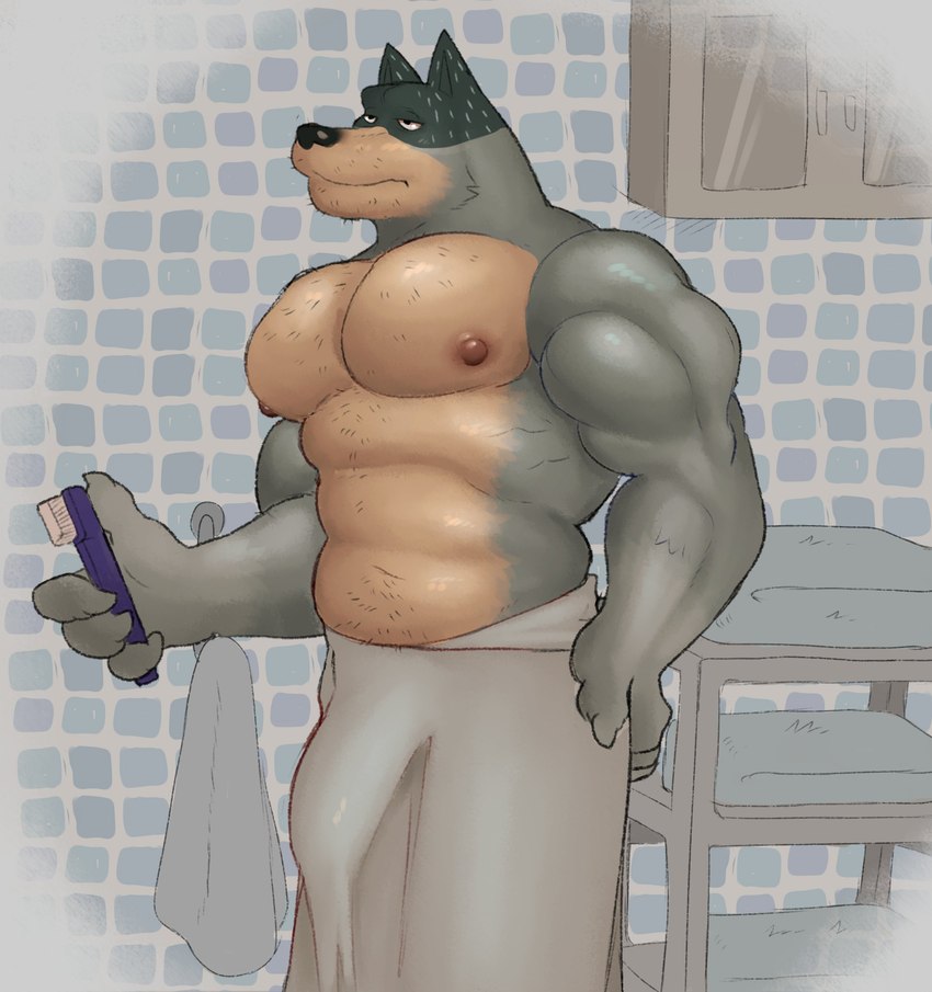 anthro areola bathroom biceps biped black_nose blue_body blue_fur brush bulge detailed_bulge fur genital_outline half-closed_eyes holding_object inside male muscular muscular_anthro muscular_male narrowed_eyes nipples pecs penis_outline solo standing toothbrush towel towel_only yellow_body yellow_fur fleshformomo bluey_(series) bandit_heeler australian_cattle_dog canid canine canis cattledog domestic_dog herding_dog mammal pastoral_dog 2023 digital_media_(artwork) hi_res