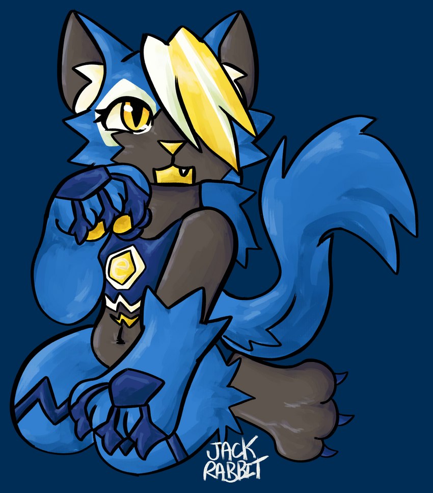 alternate_species anthro black_body black_fur blue_background blue_body blue_fur claws cute_fangs eyelashes fangs female fur glistening glistening_body glistening_eyes glistening_hair hair hair_over_eye kneeling mascot one_eye_obstructed open_mouth pawpads simple_background solo tail teeth yellow_eyes yellow_nose yellow_pawpads jackrabbit_(artist) e621 nintendo pokemon hexerade generation_7_pokemon legendary_pokemon pokemon_(species) zeraora 2023 alpha_channel digital_media_(artwork) digital_painting_(artwork) hi_res ibispaint_(artwork) painting_(artwork) shaded signature
