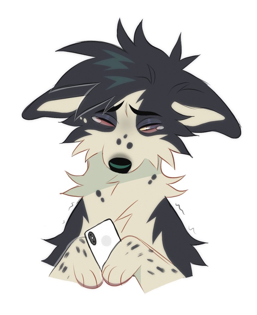 ambiguous_gender bodily_fluids cheek_tuft crying ears_down electronics facial_spots facial_tuft feral front_view fur grey_body grey_eyes grey_fur grey_hair grey_spots hair holding_object holding_phone markings narrowed_eyes neck_tuft one_eye_closed phone pivoted_ears sad semi-anthro short_hair simple_background solo spots spotted_body spotted_face spotted_fur spotted_neck tears tuft white_background yellow_sclera princelykaden kaden_(princelykaden) border_collie canid canine canis collie domestic_dog herding_dog mammal pastoral_dog sheepdog hi_res