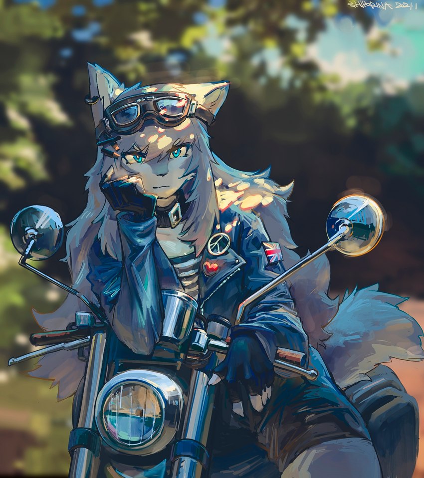 black_collar blue_clothing blue_eyes blurred_background bottomwear clothed clothing collar ear_piercing eyewear female fur goggles grey_body grey_fur handwear kemono looking_at_viewer motorcycle peace_symbol piercing solo tomboy topwear union_jack vehicle white_body white_fur shiiorina sally_(shiiorina) canid canine canis mammal wolf 2021 hi_res