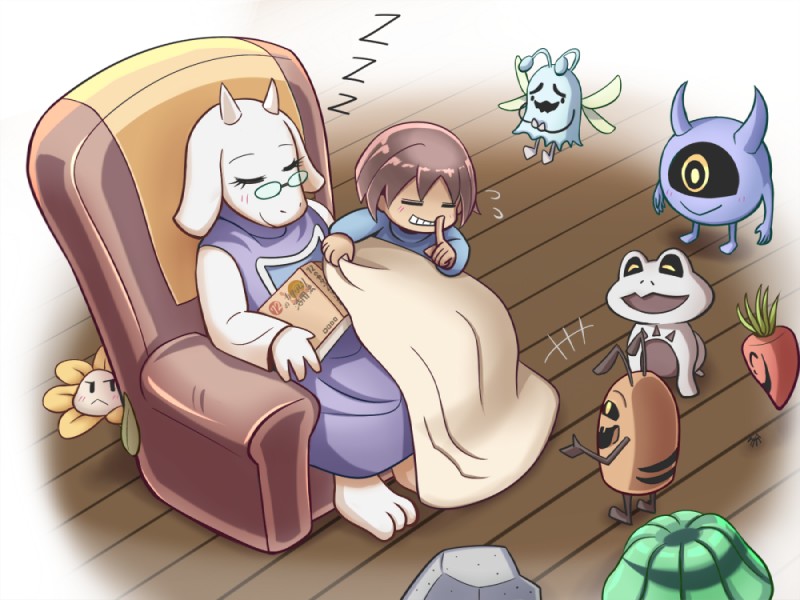 ambiguous_gender anthro bedding blanket book chair clothing female flower food furniture group male plant sleeping smile vegetable nyusu_ut undertale undertale_(series) chairiel flowey_the_flower frisk_(undertale) froggit_(undertale) loox migosp moldsmal toriel vegetoid whimsun amphibian boss_monster_(undertale) bovid caprine elemental_creature flora_fauna flower_creature food_creature frog froggit human living_vegetable mammal waddling_head 4:3