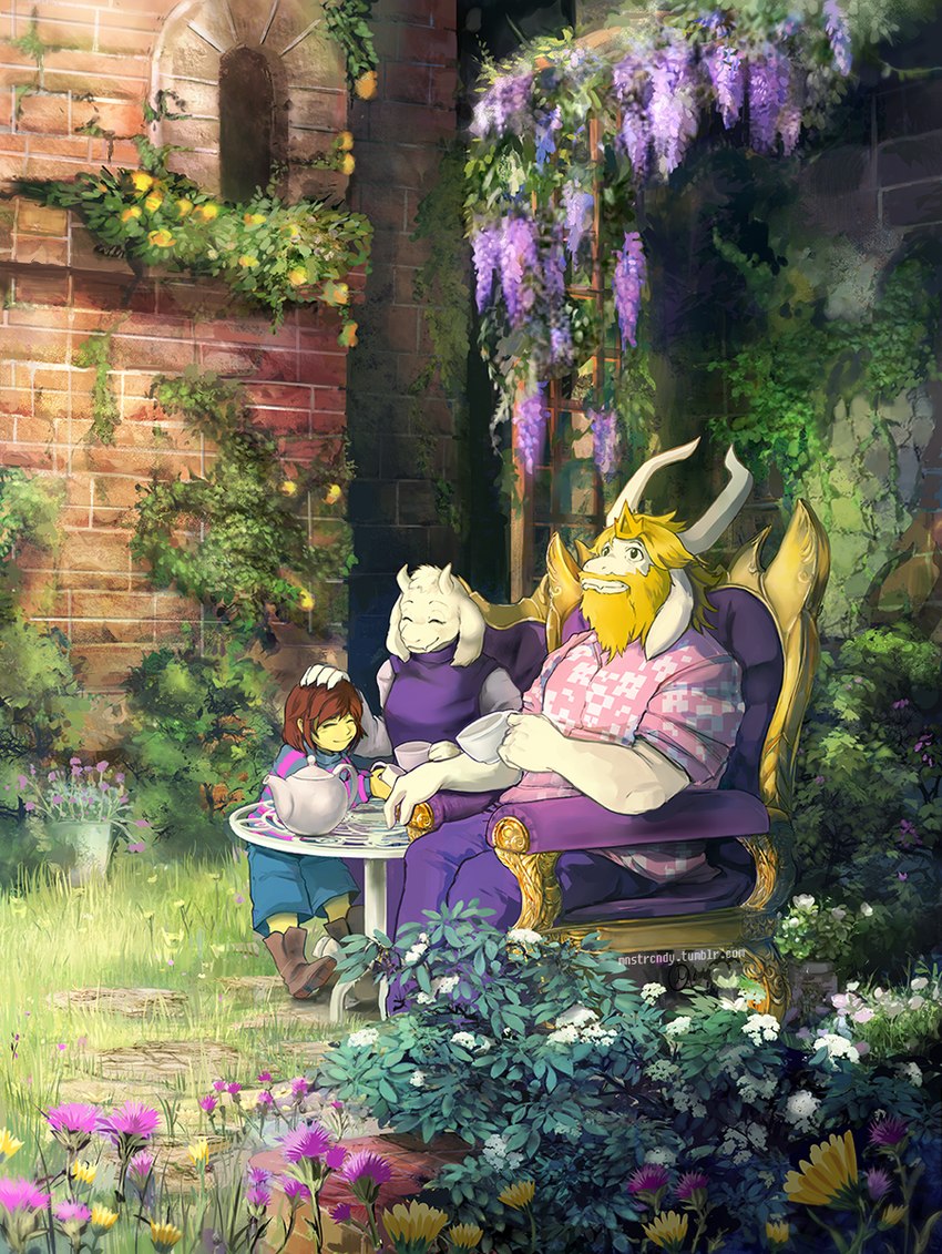 anthro beard chair container crown cup detailed_background facial_hair female flower fur furniture garden group headgear horn long_ears male mature_anthro mature_female mature_male plant table tea_cup white_body white_fur jazzycat undertale undertale_(series) asgore_dreemurr frisk_(undertale) toriel boss_monster_(undertale) bovid caprine human mammal