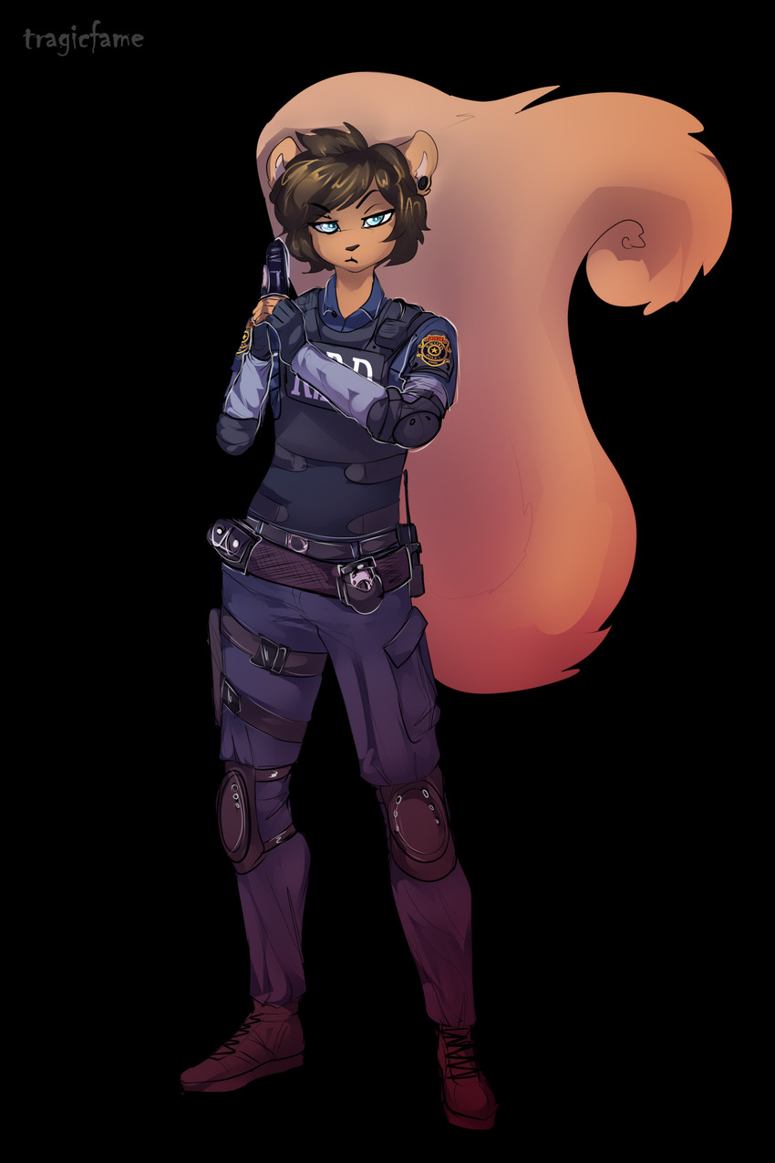 anthro blue_eyes brown_body brown_fur brown_hair clothing cosplay ear_piercing flesh_tunnel fluffy fluffy_tail fur gauged_ear gun hair handgun male piercing police police_uniform ranged_weapon solo tail uniform vp70 weapon tragicfame capcom resident_evil dexter_manning_(sniperwaffle115) mammal rodent sciurid 2:3 absurd_res alpha_channel hi_res