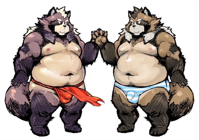 anthro asian_clothing bulge clothing duo east_asian_clothing fundoshi japanese_clothing kemono male overweight overweight_male slightly_chubby underwear nekomarudon tanukimaru canid canine mammal raccoon_dog tanuki