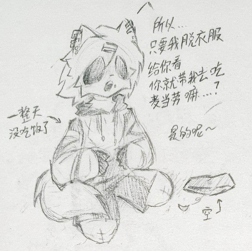 amputated_leg amputated_legs amputee clothed clothing disability ear_piercing ear_ring female fully_clothed hoodie offscreen_character piercing ring_piercing sitting solo_focus text topwear dister_rohtas icin_cream canid canine fox hybrid mammal chinese_text hi_res translation_check