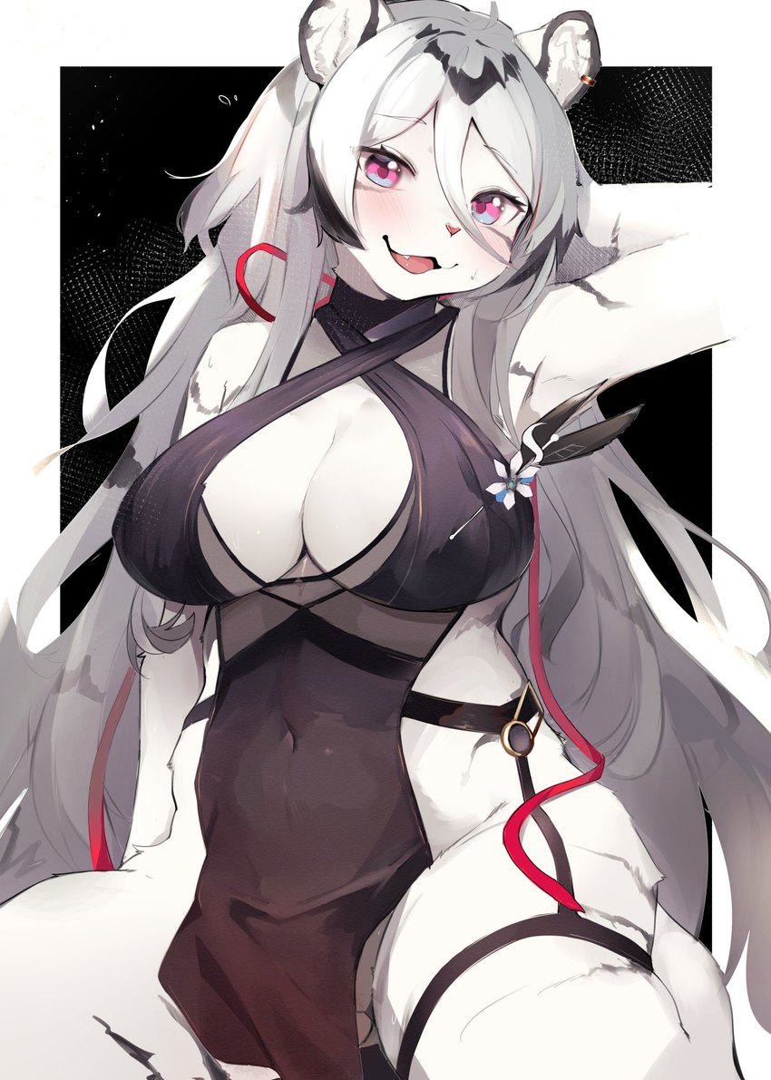 accessory anthro big_breasts black_clothing black_dress black_ears black_hair black_stripes blue_eyes blush breasts cleavage clothed clothing curvy_figure dress ear_piercing eyelashes fangs female flower_accessory full_cleavage fur hair hair_accessory hands_behind_head kemono kneeling looking_at_viewer markings navel_outline open_mouth partially_visible_vulva piercing pink_nose raised_arm red_string side_slit side_slit_clothing side_slit_dress smile solo string striped_body striped_ears striped_fur striped_hair striped_markings stripes teeth thick_thighs voluptuous white_body white_ears white_fur white_hair pyoin mahjong_soul hannah_(mahjong_soul) felid mammal pantherine tiger 2024 hi_res