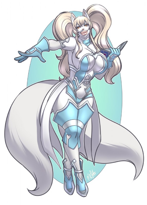 2_tails anthro armor blonde_hair book breasts cleavage clothed clothing female gloves hair handwear lips multi_tail pigtails solo tail thick_lips wide_hips yellow_eyes meshpet canid canine fox mammal hi_res