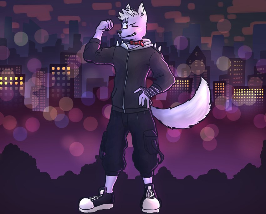 alternative_fashion anklet anthro arm_flex bottomwear clothing collar footwear fur grin jacket jewelry jumper male pants punk purple_body purple_fur shoes simple_background smile solo sweatpants tail tattoo topwear pumpkinbon canid canine canis mammal wolf hi_res