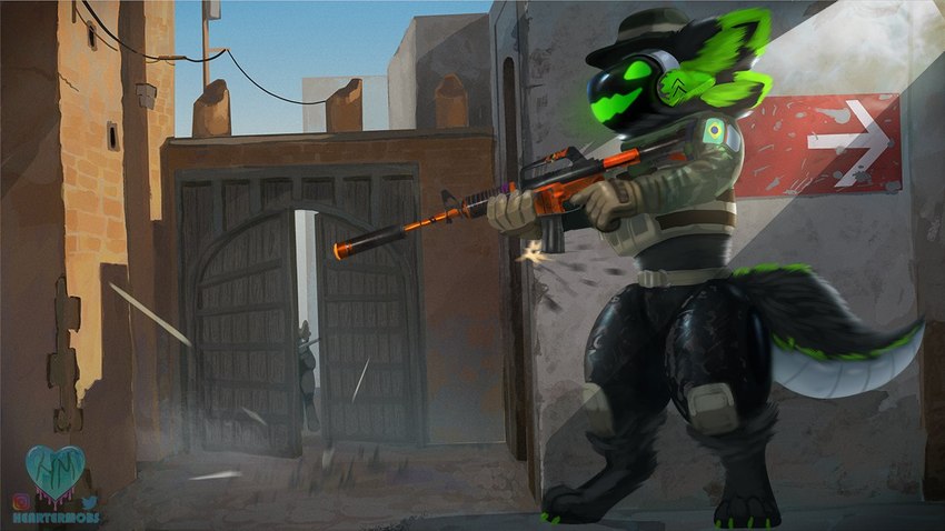 anthro assault_rifle clothing de_dust2 detailed_background digitigrade duo gate gloves gun handwear hat headgear headwear machine male military ranged_weapon rifle silencer standing tactical_gloves weapon heartermobs counter-strike counter_strike:_global_offensive valve aspekt_(protogen) protogen 2023