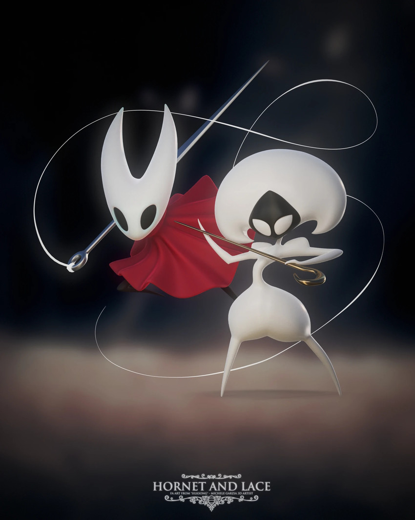 2_horns anthro arms_bent bent_leg black_body black_eyes black_face blurred_background cloak cloak_only clothing duo empty_eyes featureless_crotch featureless_legs featureless_limbs female female_anthro horn light midair mouthless needle_and_thread noseless nude nude_anthro nude_female pose princess red_cloak red_clothing royalty sewing_needle simple_background standing text white_body white_horn michele_garzia hollow_knight:_silksong hollow_knight_(franchise) team_cherry hornet_(hollow_knight) lace_(hollow_knight:_silksong) arachnid arthropod insect 2025 3d_(artwork) 4:5 absurd_res artist_name blender_(artwork) character_name colored digital_media_(artwork) english_description english_text hi_res lighting marmoset_toolbag_(artwork) shaded