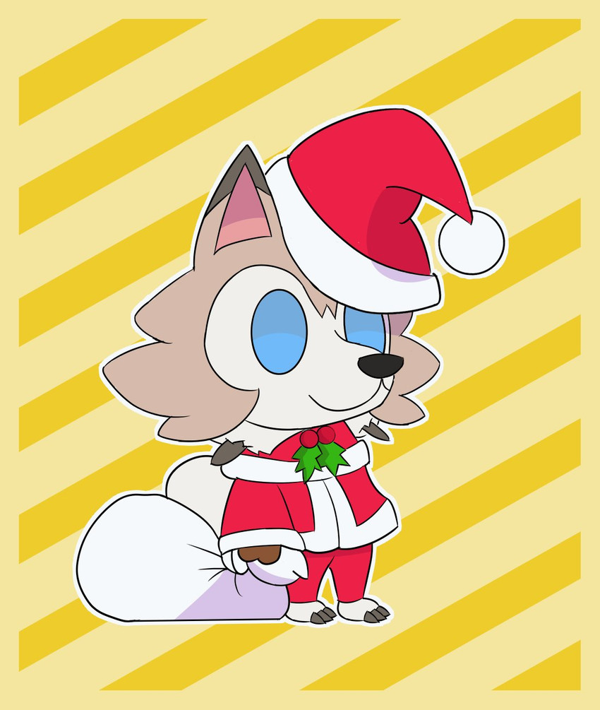 bag black_nose blue_eyes brown_body brown_fur cheek_tuft christmas_clothing christmas_headwear clothing facial_tuft fur hat headgear headwear holidays santa_hat semi-anthro smile solo tuft white_body white_fur chettodoggo christmas fate_(series) nintendo padoru pokemon type-moon generation_7_pokemon lycanroc midday_lycanroc pokemon_(species) hi_res