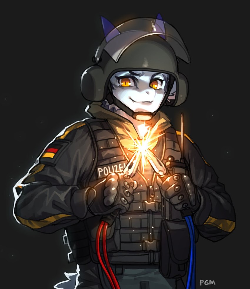 anthro armor bulletproof_vest clothing eyelashes fur german german_flag gloves handwear headgear helmet horn jumper_cable looking_at_viewer male orange_eyes solo wire pgm300 blue_byte_(game_developer) bundespolizei gsg9 mythology rainbow_six rainbow_six:_siege tom_clancy's_(series) ubisoft bandit_(rainbow_six) dragon furred_dragon furred_scalie mythological_creature mythological_scalie scalie 2021 digital_media_(artwork) hi_res shaded