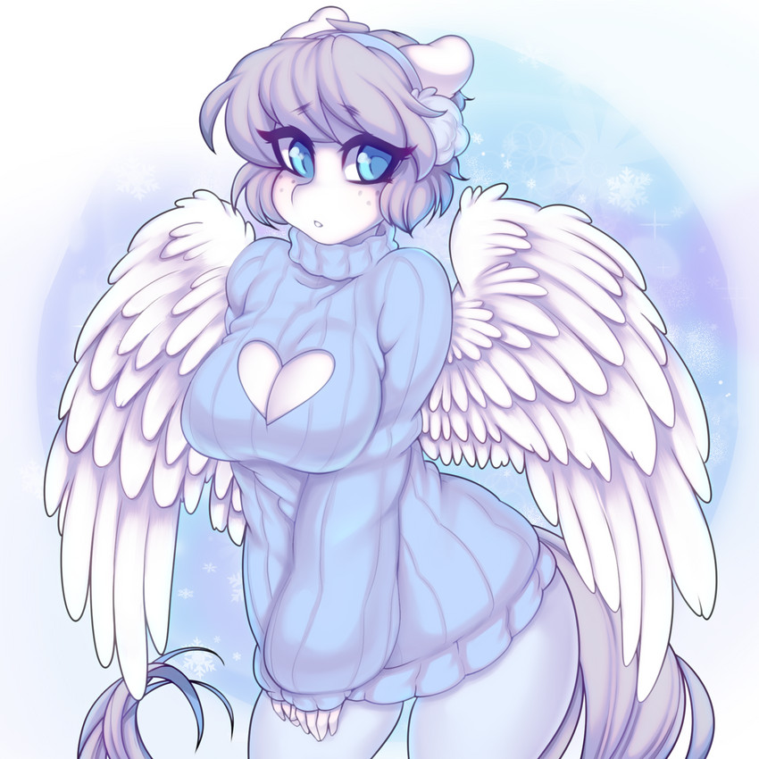 anthro blue_eyes breasts cleavage clothed clothing eyelashes female fingers heart_cutout looking_at_viewer solo sweater topwear wings tolsticot hasbro my_little_pony mythology fan_character equid equine mammal mythological_creature mythological_equine pegasus 1:1 2021 digital_media_(artwork) hi_res