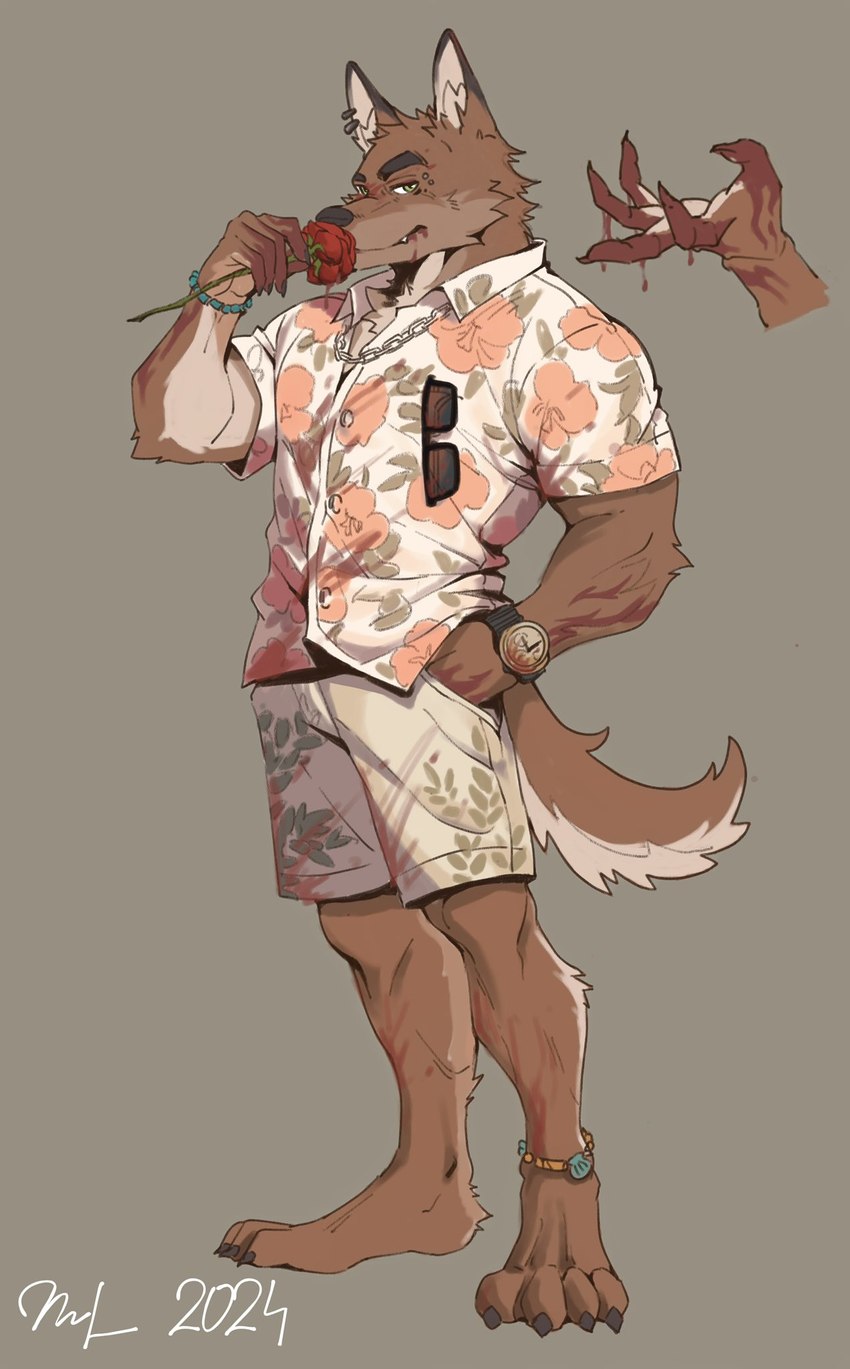 aloha_shirt anthro blood blood_in_mouth blood_on_hand bodily_fluids bottomwear brown_background brown_body brown_fur clock clothing ear_piercing flower fur green_eyes male pattern_clothing pattern_shirt pattern_topwear piercing plant rose_(flower) shirt shorts simple_background sniffing solo sunglasses_on_shirt topwear milk475130 canid canine canis mammal wolf hi_res