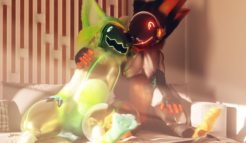 ^w^ anthro black_body black_fur chair claws cuddling duo eye_contact fluffy fluffy_ears fur furniture glowing glowing_eyes glowing_visor green_body green_fur happy hug leaning_on_another light light_beam looking_at_another machine male male/male on_chair on_sofa orange_body orange_fur paws protogen_armor protogen_face protogen_visor romantic romantic_couple screen screen_face sitting sitting_on_chair sitting_on_sofa sofa sunbeam sunlight tail visor wall_(structure) white_body white_fur wood anyol blender_cycles anyol_(anyol) cygro_(cygro) protogen blender_(artwork) digital_media_(artwork) hi_res