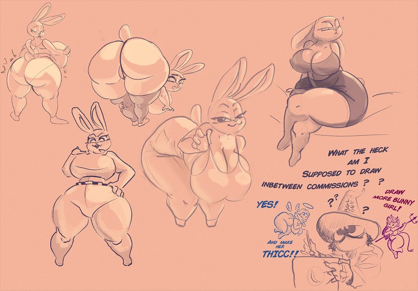 anthro athletic_wear bent_over big_breasts big_butt bottomwear bra breasts butt cleavage clothed clothing dialogue feathered_wings feathers female gym_bottomwear gym_shorts huge_breasts huge_butt hyper hyper_butt shorts solo sports_bra text thick_thighs tight_clothing underwear wide_hips wings bigoldoinks disney zootopia judy_hopps angel demon lagomorph leporid mammal rabbit english_text sketch_page