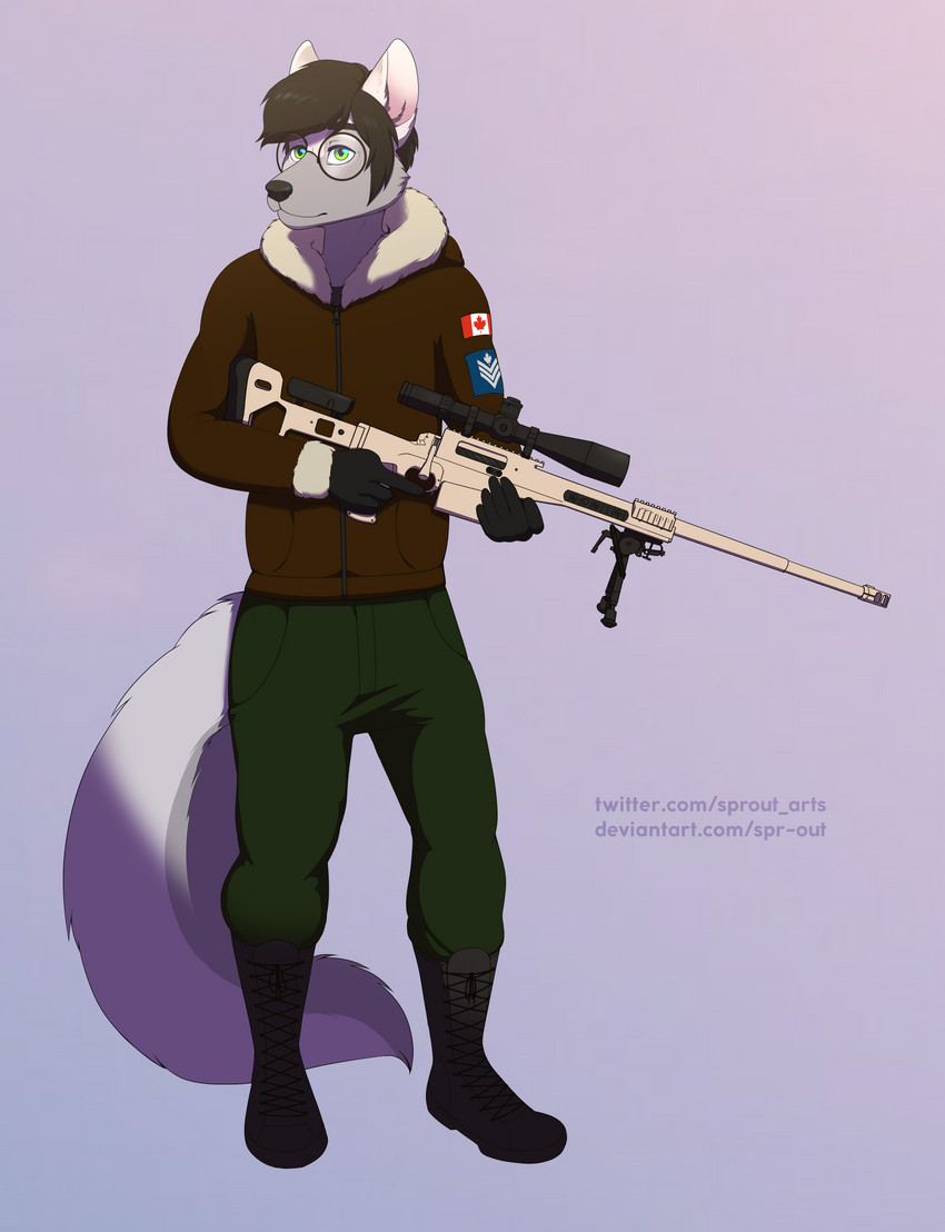 anthro bipod black_hair black_nose bolt-action bolt-action_rifle bolt_action bolt_action_rifle boots canada canadian_flag clothing eyewear footwear glasses green_eyes gun hair inner_ear_fluff jacket looking_away male maple_leaf military ranged_weapon rifle rifle_scope scope shoes sniper sniper_rifle sniper_scope solo text topwear trigger_discipline tuft weapon bitesize_art canid canine canis fox hybrid mammal wolf absurd_res hi_res url