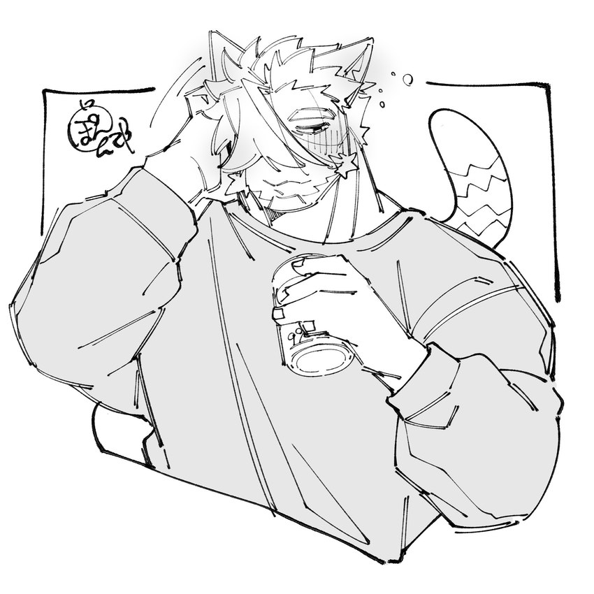 anthro blush canned_drink clothing male muscular muscular_anthro muscular_male solo sweater topwear pon20021202 lifewonders live_a_hero tsuneaki domestic_cat felid feline felis mammal 1:1 bust_portrait hi_res monochrome portrait sketch