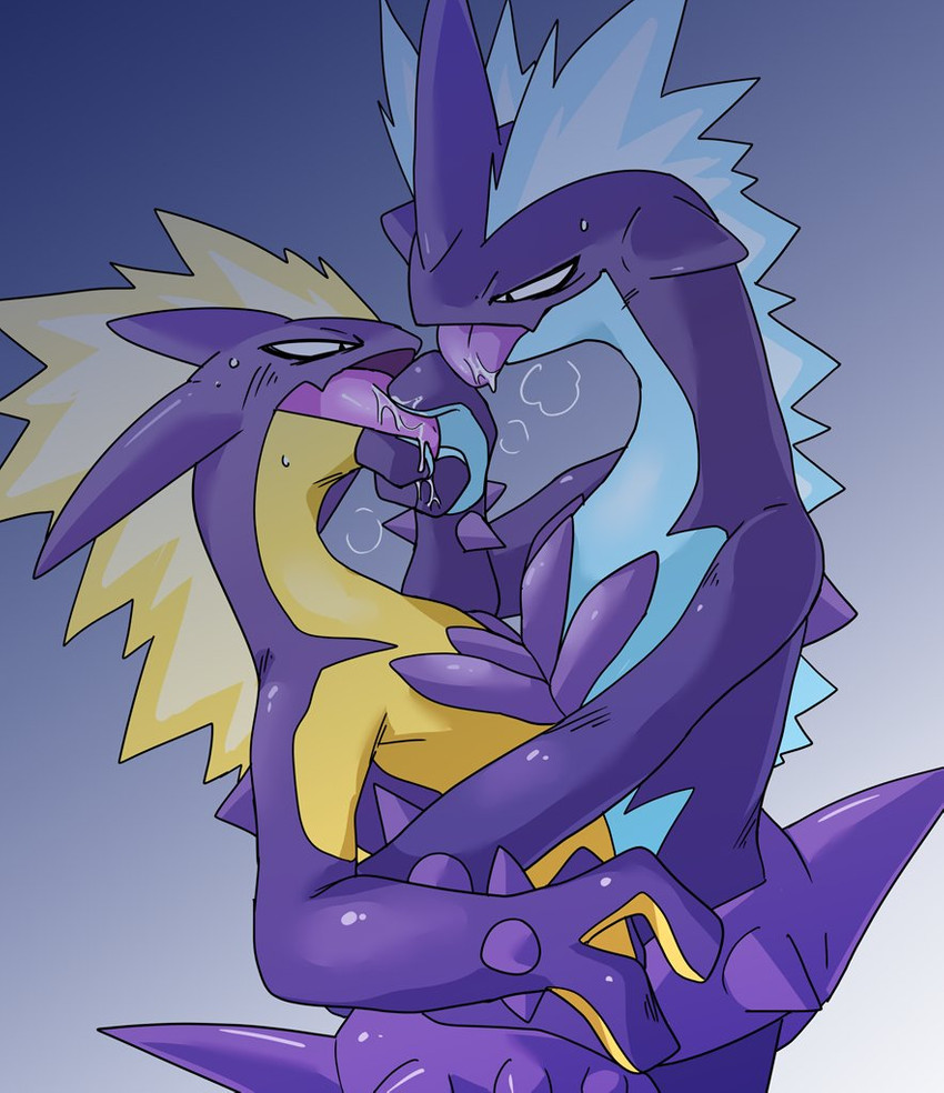 ambiguous/ambiguous ambiguous_gender anthro blue_body bodily_fluids duo gasp gradient_background kissing purple_body saliva simple_background tongue tongue_grab tongue_out yellow_body v_ig_v nintendo pokemon amped_toxtricity generation_8_pokemon low_key_toxtricity pokemon_(species) toxtricity