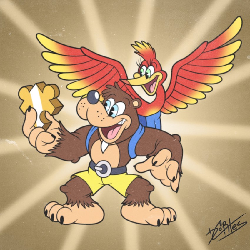 anthro beak brown_body brown_fur claws duo feathered_wings feathers feet female fingers fur male open_mouth open_smile puzzle_piece smile toes wings dannycortoons banjo-kazooie rareware banjo_(banjo-kazooie) kazooie avian 1:1 2021 hi_res signature