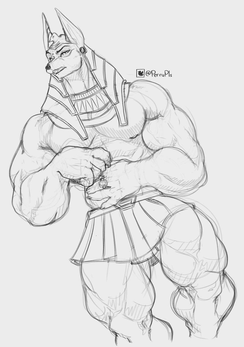 anthro biceps faulds jewelry male muscular nipples pecs solo perenthis egyptian_mythology middle_eastern_mythology mythology anubis anubian_jackal canid canine canis deity jackal mammal hi_res monochrome