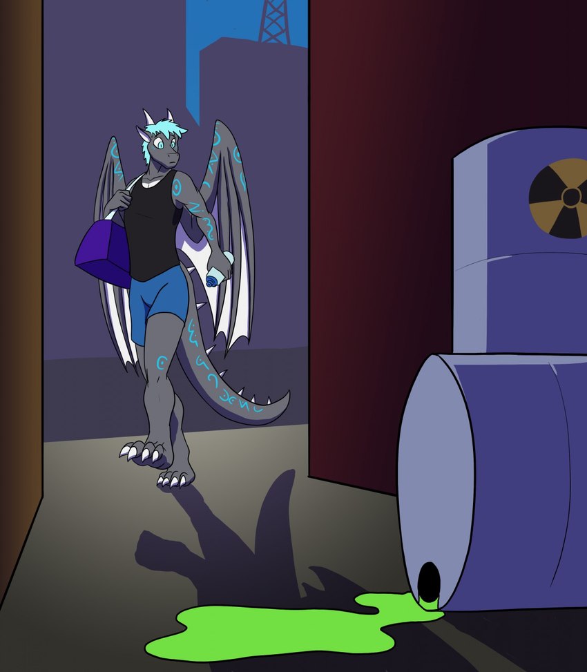 alley anthro bottle bottomwear chemicals city city_background claws clothing container growth male nuclear shirt shorts solo tail tank_top topwear waste water_bottle wings clock-face mythology razinox dragon mythological_creature mythological_scalie scalie hi_res