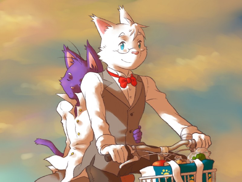 anthro bicycle cycling duo eyes_closed grocery hug male male/male peaceful simple_background sleeping smile sunset vehicle shirako morenatsu amaki_tsukishiro shin_(morenatsu) domestic_cat felid feline felis mammal 2014 4:3