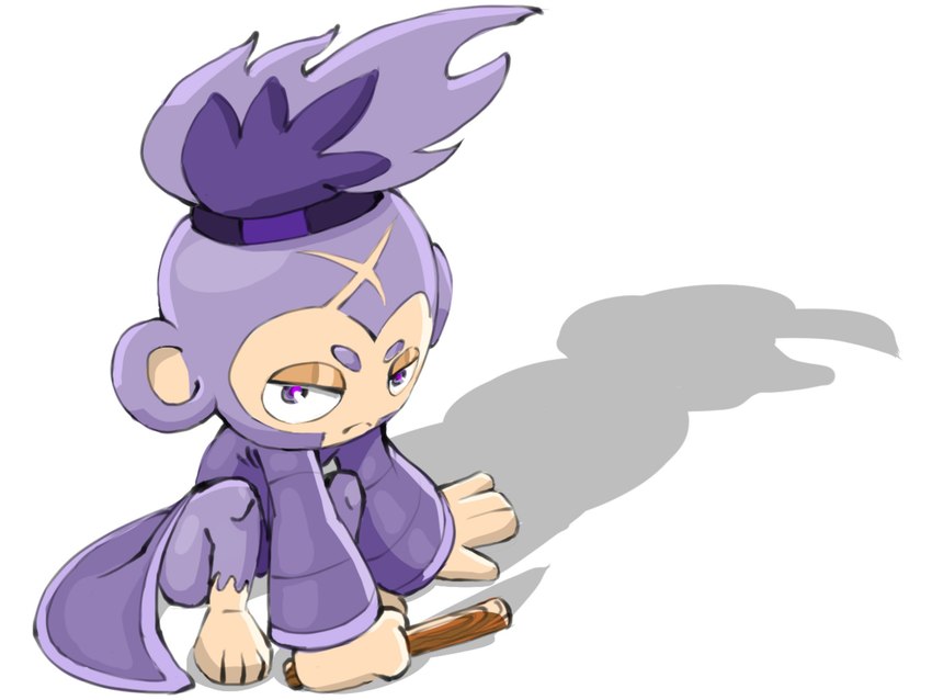 clothed clothing female fur holding_object looking_at_viewer purple_body purple_fur simple_background solo stick white_background goatboydraws bloons_tower_defense ninja_kiwi ezili_(bloons) haplorhine mammal monkey primate 4:3 hi_res