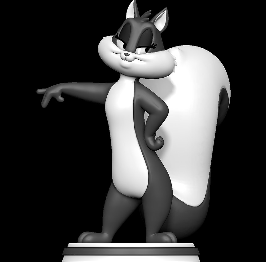 3d_modeling 3d_print anthro female hand_in_air hand_on_hip looking_to_right multicolored_body raised_tail simple_background smile solo stage tail sillytoys looney_tunes warner_brothers penelope_pussycat felid feline mammal 3d_(artwork) digital_media_(artwork) hi_res