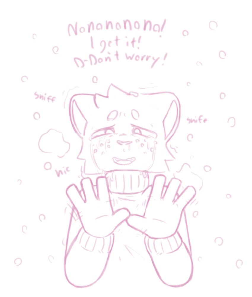 anthro bodily_fluids clothed clothing crying dialogue fur looking_at_viewer male male_anthro sad sniffling solo sweater tears text topwear turtleneck us_cannonfodder domestic_cat felid feline felis mammal 2024 bust_portrait digital_drawing_(artwork) digital_media_(artwork) drawpile_(artwork) english_text handwritten_text hi_res monochrome pink_and_white portrait sketch