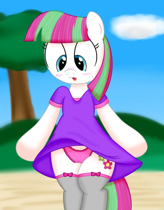 blue_eyes blush camel_toe clothed clothing clothing_lift cloud cutie_mark dress dress_lift female feral freckles hair legwear multicolored_hair open_mouth outside panties plant sky solo stockings tree two_tone_hair underwear an-tonio joeyh3 friendship_is_magic hasbro my_little_pony blossomforth_(mlp) equid equine horse mammal pony 2015 hi_res