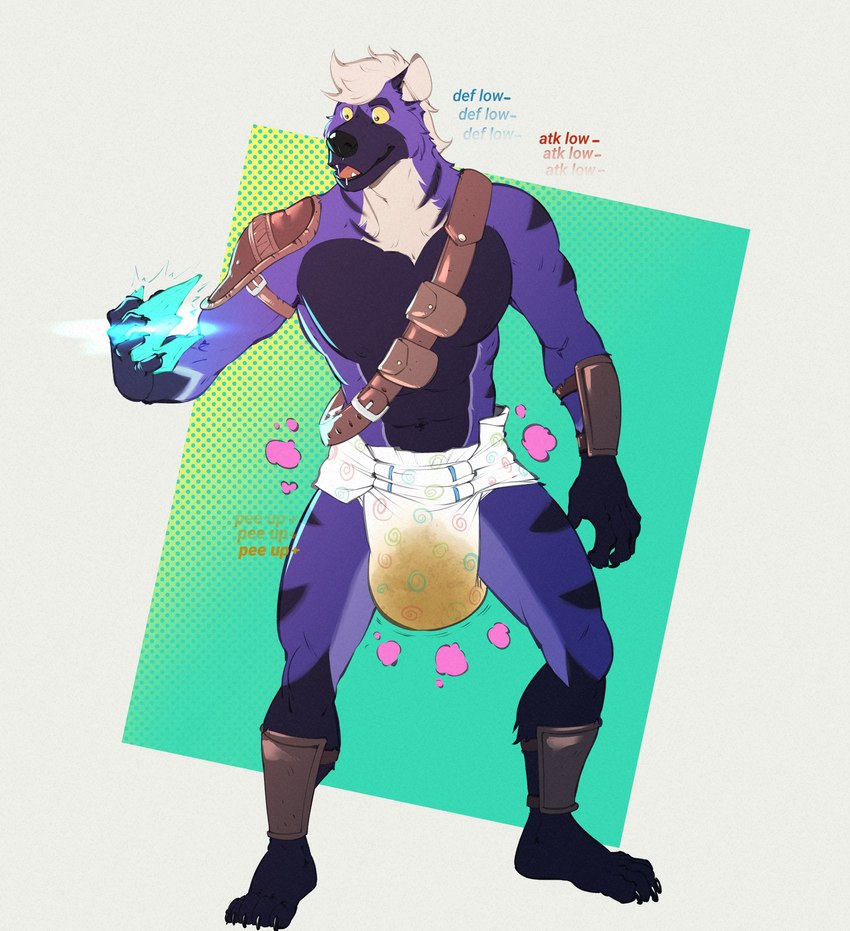 abs anthro bodily_fluids clothed clothing cursed_object diaper drooling fur gameplay_mechanics genital_fluids gloves_(marking) holding_object leg_markings level_drain male markings muscular muscular_anthro muscular_male pecs purple_body purple_fur saliva saliva_string sash socks_(marking) solo unclean_diaper urine used_diaper wearing_diaper wet_diaper wetting yellow_sclera syeenyeen vincent_(lokiskunk) hyena mammal 2024 absurd_res hi_res