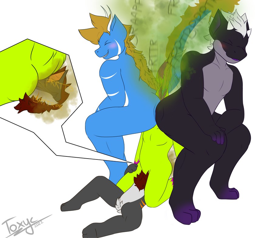 anthro ass_to_ass between_butts big_butt big_tail blue_blush blue_body blush butt dark_body face_in_ass facesitting fart fart_bukkake fart_fetish farting_on_face farting_together fur green_body green_fart_cloud green_fur grey_body grey_fur group hair horn looking_back male male/male male_farting purple_eyes purple_fingers purple_tongue red_eyes sandwiched simple_background sitting_on_another squish stripes tail tongue tongue_out white_background white_hair white_stripes toxyc mythology flo_(toxyc) luka_(toxyc) luwis_miracle toxyc_(toxyc) canid canine dragon fox hybrid mammal mythological_creature mythological_scalie scalie absurd_res alternate_version_at_source colored hi_res