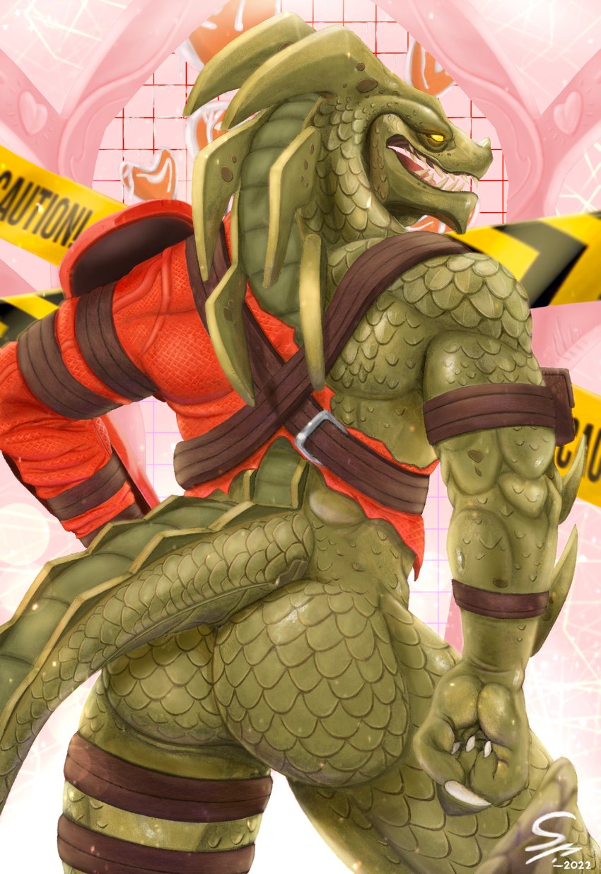 anthro back_muscles barricade_tape biceps big_butt biped butt caution_tape claws finger_claws green_body green_scales heart_symbol male mostly_nude muscular muscular_anthro muscular_male open_mouth open_smile pose scales smile solo tail teeth shrawnie epic_games fortnite mythology hybrid_(fortnite) dragon mythological_creature mythological_scalie scalie wingless_dragon 2022 digital_media_(artwork) hi_res pinup