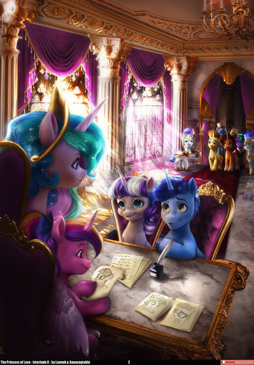 audience bangs bright_light canterlot canterlot_castle chair chandelier crown curtains cutie_mark desk eye_contact feathered_wings feathers female feral furniture group guard headgear horn husband husband_and_wife inkwell inside looking_at_another loose_feather luxury male marble marble_floor married_couple melee_weapon paperwork pillar polearm quill regalia sitting smile spear standing table text weapon wife wings annaxeptable chilllum friendship_is_magic hasbro idw_publishing my_little_pony my_little_pony_(idw) mythology firelight_(mlp) jack_pot_(mlp) lyra_heartstrings_(mlp) moondancer_(mlp) night_light_(mlp) princess_cadance_(mlp) princess_celestia_(mlp) royal_guard_(mlp) stellar_flare_(mlp) trixie's_mom_(idw) twilight_sparkle_(mlp) twilight_velvet_(mlp) equid equine mammal mythological_creature mythological_equine unicorn winged_unicorn absurd_res english_text hi_res adopted_(lore) adopted_daughter_(lore) adoptive_mother_(lore) daughter_(lore) father_(lore) father_and_child_(lore) father_and_daughter_(lore) mother_(lore) mother_and_child_(lore) mother_and_daughter_(lore) parent_(lore) parent_and_child_(lore) parent_and_daughter_(lore)