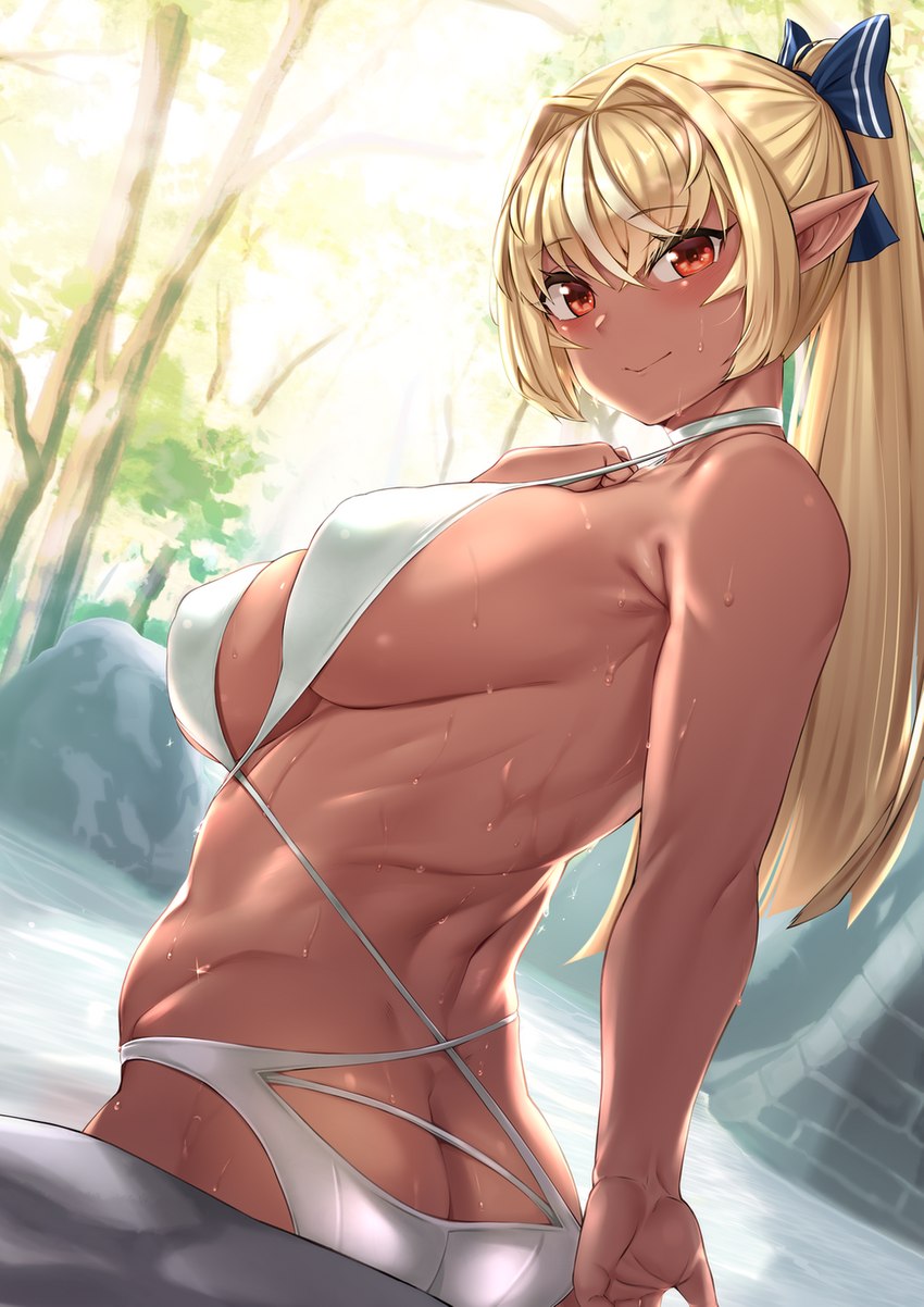 bikini blonde_hair breasts butt clothing female hair hair_intakes looking_at_viewer looking_back looking_back_at_viewer not_furry smile solo swimwear two-piece_swimsuit water moisture_(chichi) hololive vtuber flare_shiranui elf humanoid hi_res