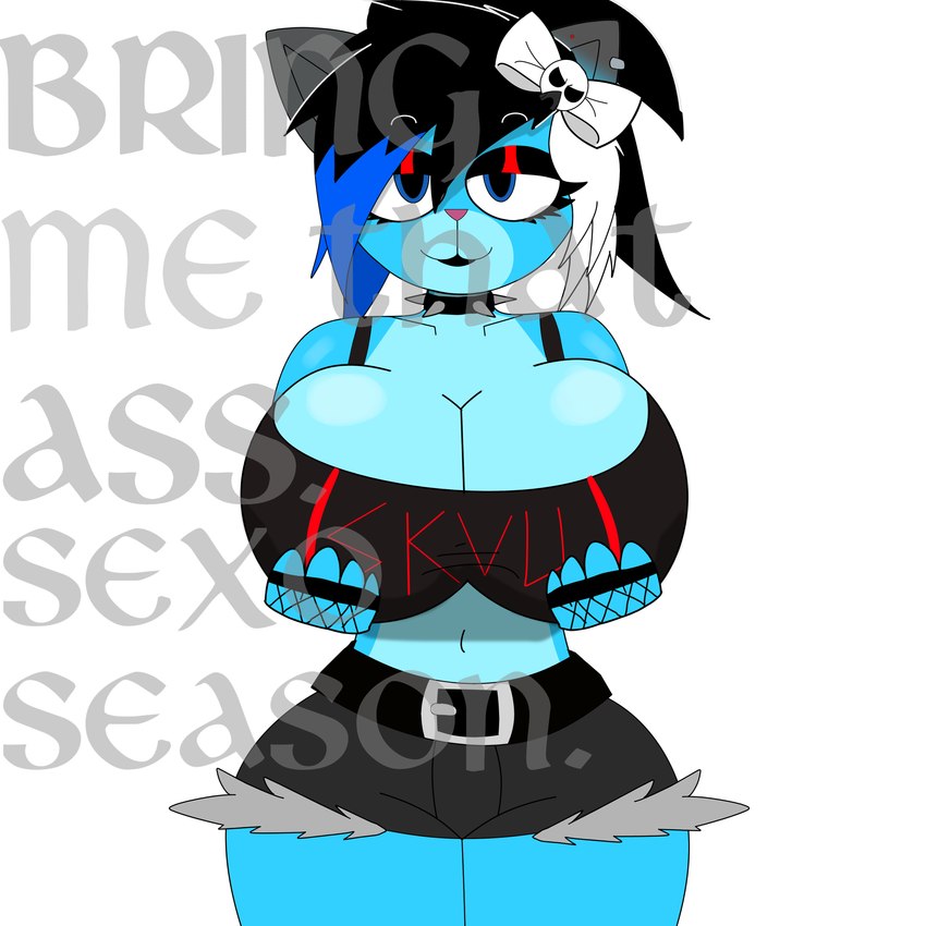 alternative_fashion anthro big_breasts black_hair blue_body blue_fur breasts collar ear_piercing ear_ring female fur goth hair holding_breast huge_breasts makeup piercing ribbons ring_piercing smile solo spiked_collar spikes blazerfurro bring_me_the_horizon chelsea_(zombieray10) felid feline mammal 1:1 absurd_res album_cover cover hi_res