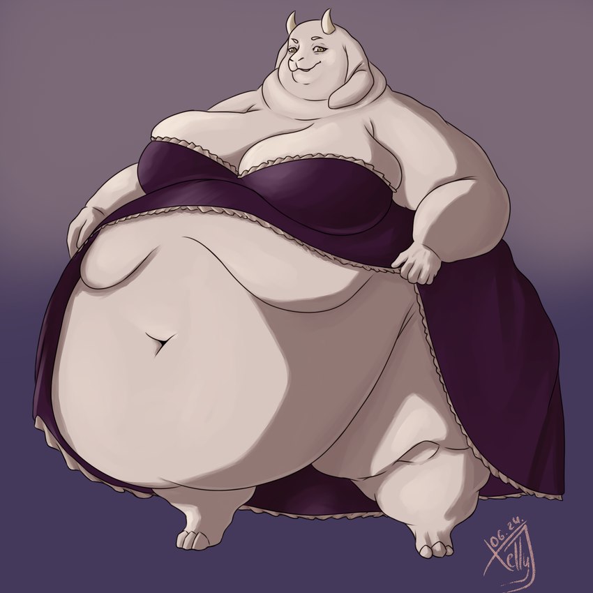 anthro belly belly_overhang big_belly big_breasts bottomless bottomless_female breasts chubby_cheeks clothed clothing double_chin fat_arms fat_neck fat_rolls female flabby_arms huge_belly leg_rolls maid_uniform neck_rolls obese obese_female overweight overweight_female solo uniform wide_hips xellyjelly undertale undertale_(series) toriel_(altertale) 1:1 absurd_res hi_res