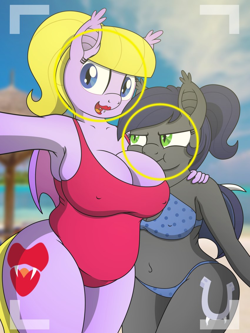 anthro bat_wings beach belly big_breasts bikini blonde_hair blue_eyes blue_hair breast_squish breasts camera_view cleavage clothed clothing cutie_mark duo erect_nipples fangs female green_eyes grey_body grumpy hair legs_together lipstick makeup membrane_(anatomy) membranous_wings navel nipple_outline nipples one-piece_swimsuit ponytail pupils purple_body red_lipstick seaside selfie size_difference slightly_chubby slit_pupils smile squish suggestive swimwear teeth two-piece_swimsuit wide_hips wings an-tonio pananovich hasbro my_little_pony fan_character flourish_glade_(pananovich) frostbite_(panovich) bat_pony equid equine horse mammal 2018 3:4 absurd_res artist_collaboration digital_media_(artwork) hi_res story_at_source sibling_(lore) sister_(lore) sisters_(lore)