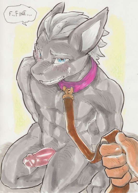 ambiguous_gender anthro bodily_fluids collar duo erection genital_fluids genitals humanoid_genitalia humanoid_penis leash looking_at_viewer male male/ambiguous nude penis precum simple_background solo_focus text daigaijin askareth sergal english_text hi_res