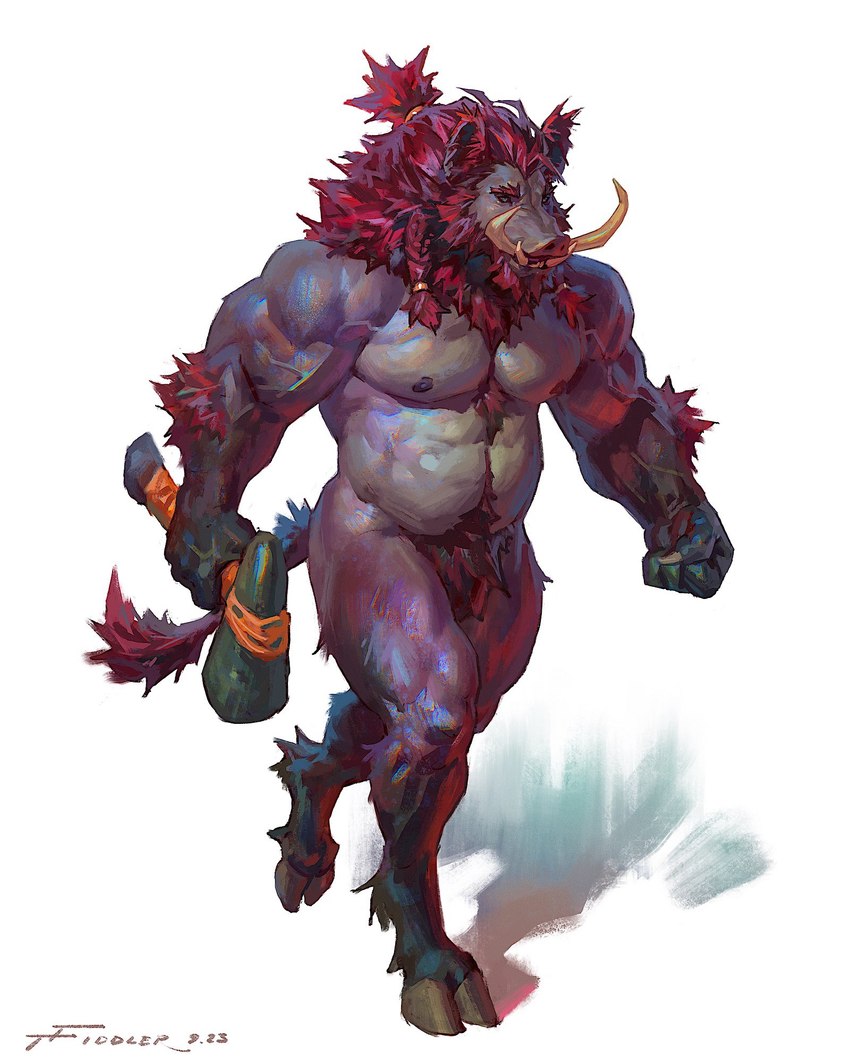 anthro areola arm_tuft belly biceps body_hair chest_tuft crotch_tuft elbow_tuft eyebrows fur hair happy_trail holding_object holding_weapon male muscular muscular_anthro muscular_male muscular_thighs navel nipples nude pecs quads red_hair simple_background solo tail thick_thighs tuft tusks vein veiny_muscles weapon white_background taran_fiddler weretober mammal suid suina wereboar werecreature weresuid weresuina 2023 4:5 digital_media_(artwork) hi_res